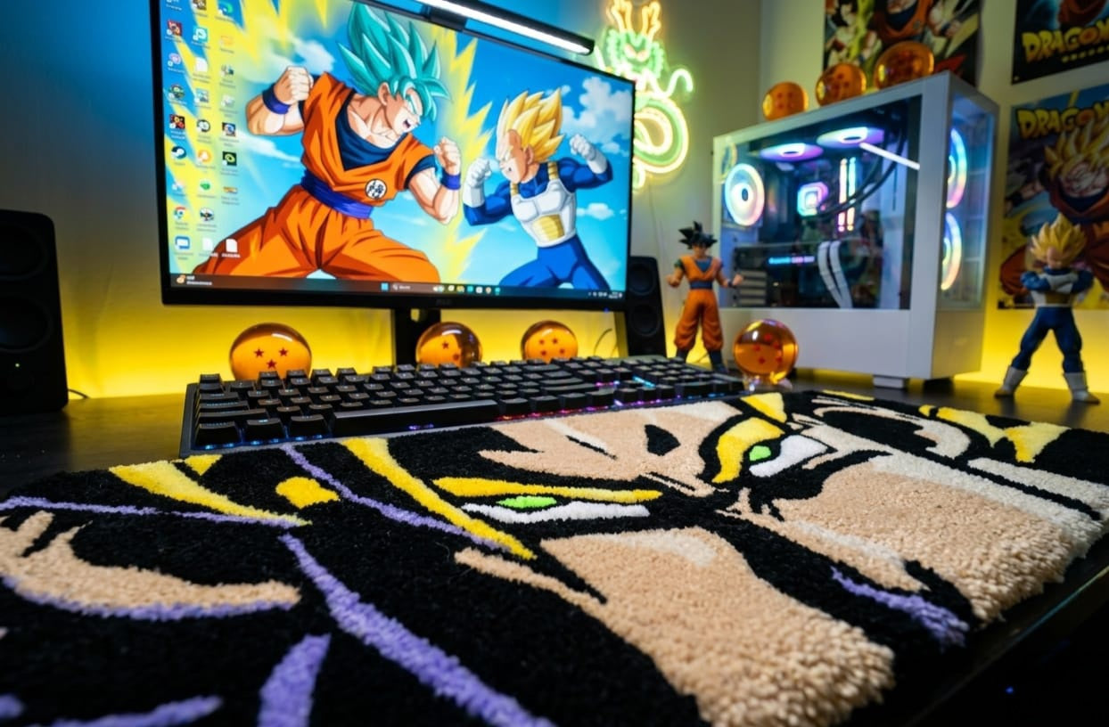 Alfombrilla para Teclado Tufting Goku - Ojos Neon Glow in the Dark | 20.5x9.5 pulgadas | Hecha a Mano